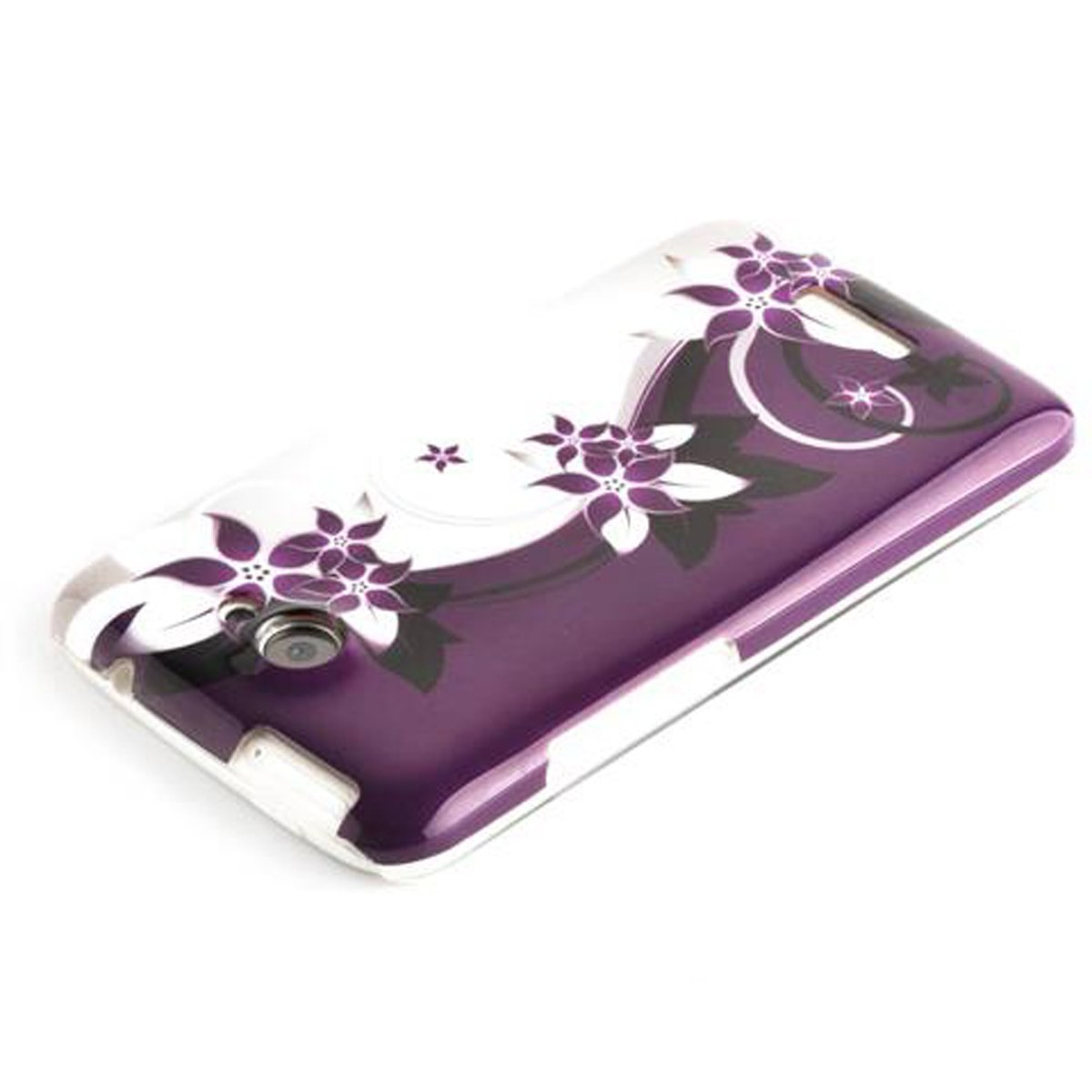 Una custodia per telefono viola con un design floreale bianco. La custodia ha un'apertura per la fotocamera e una finitura liscia.