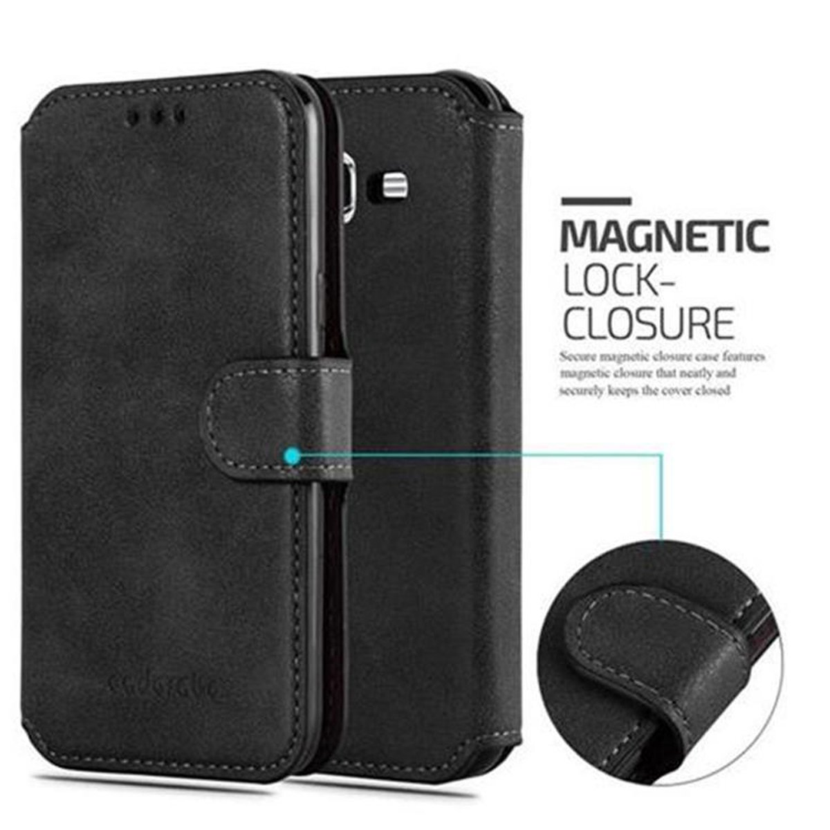 Funda negra con cierre magnético, mostrando vista abierta y cerrada.