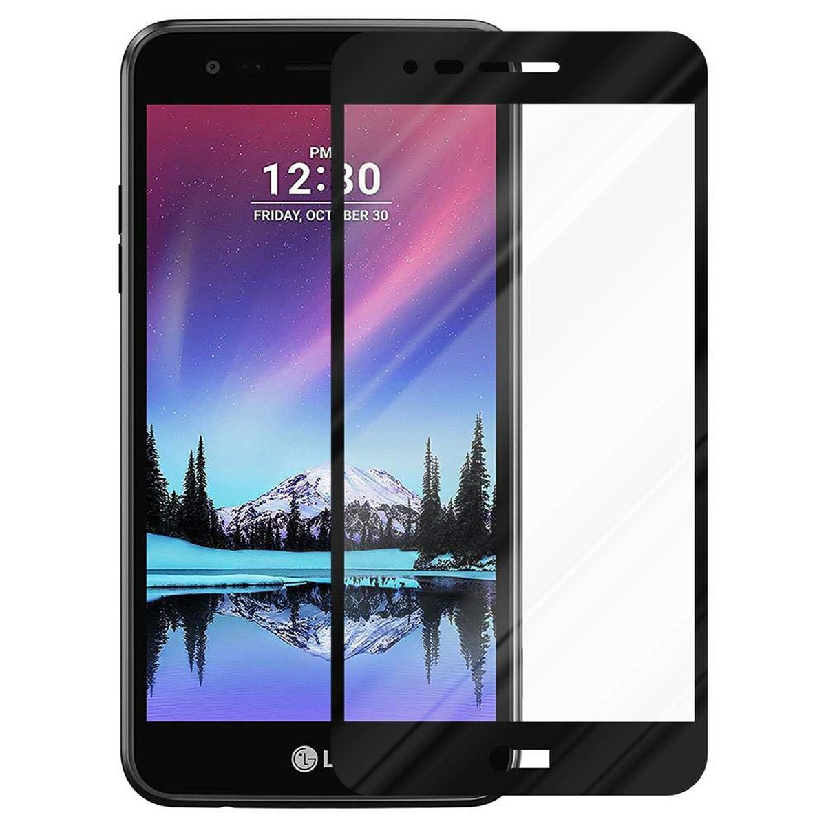 Teléfono con protector de pantalla. Fondo blanco. Muestra la hora.