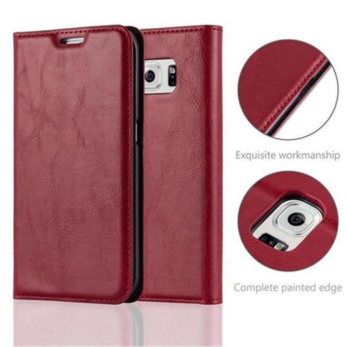 Custodia rossa per telefono con telefono all'interno. Primi piani della custodia e della fotocamera del telefono.