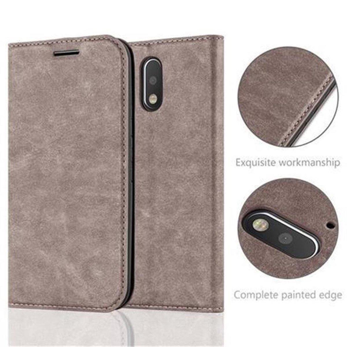 Funda gris para teléfono con exquisita mano de obra. Vista detallada de la funda y la cámara.