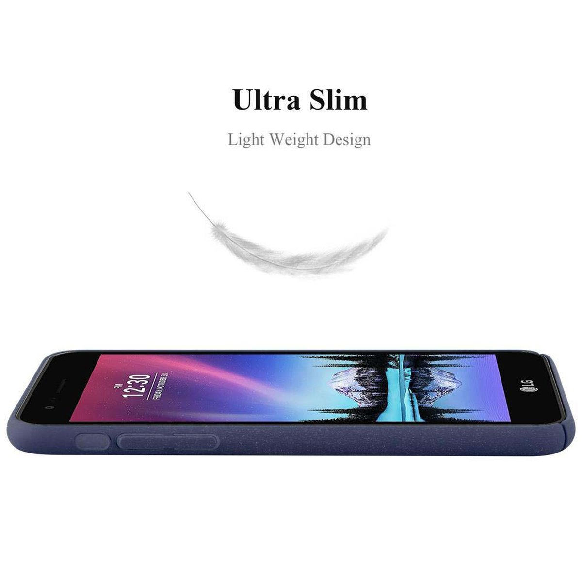 Un telefono su una custodia blu. Una piuma è sopra il telefono. Il testo recita 'Ultra Slim, Light Weight Design'.