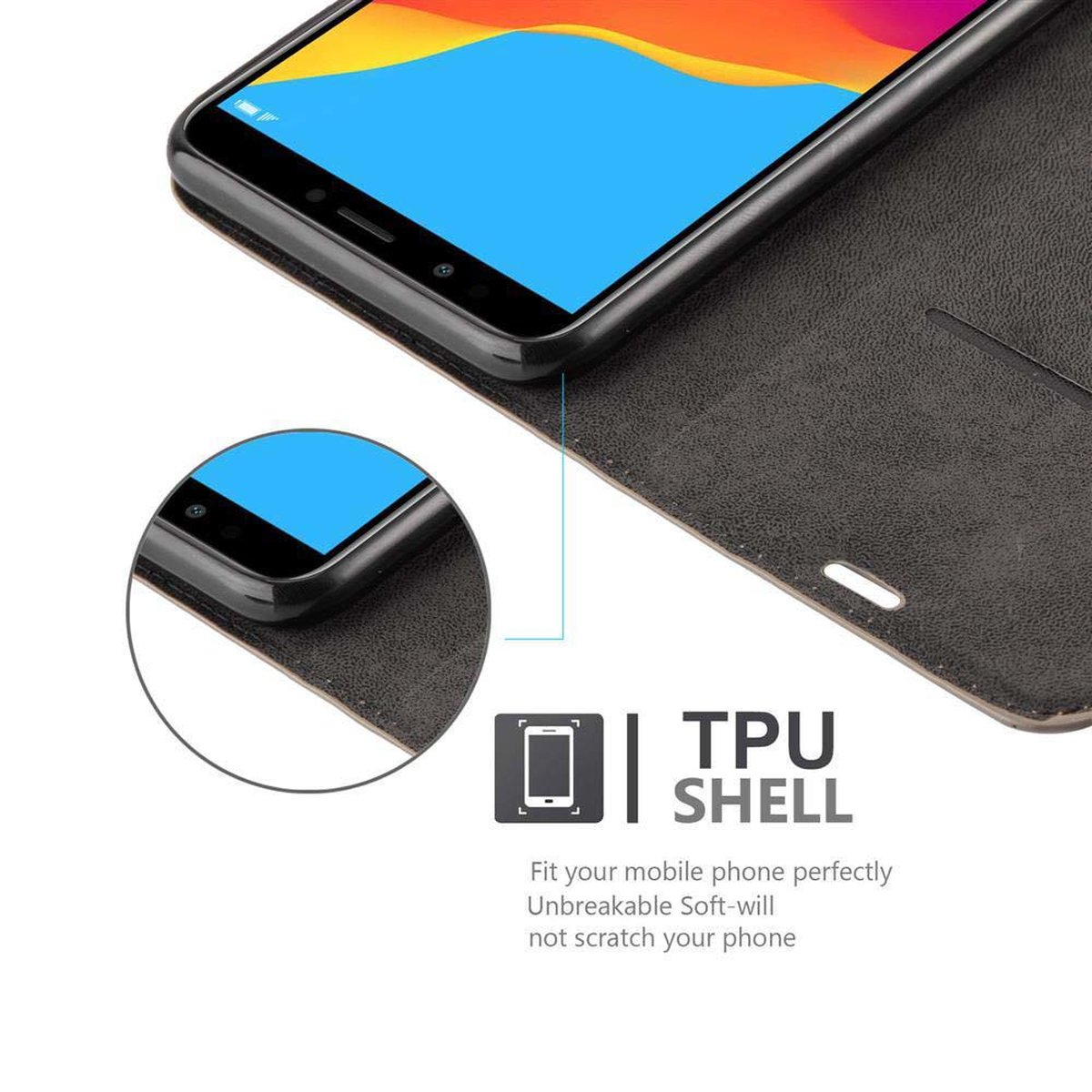 Telefono in custodia nera. Dettagli: Guscio TPU, si adatta perfettamente, non graffia.
