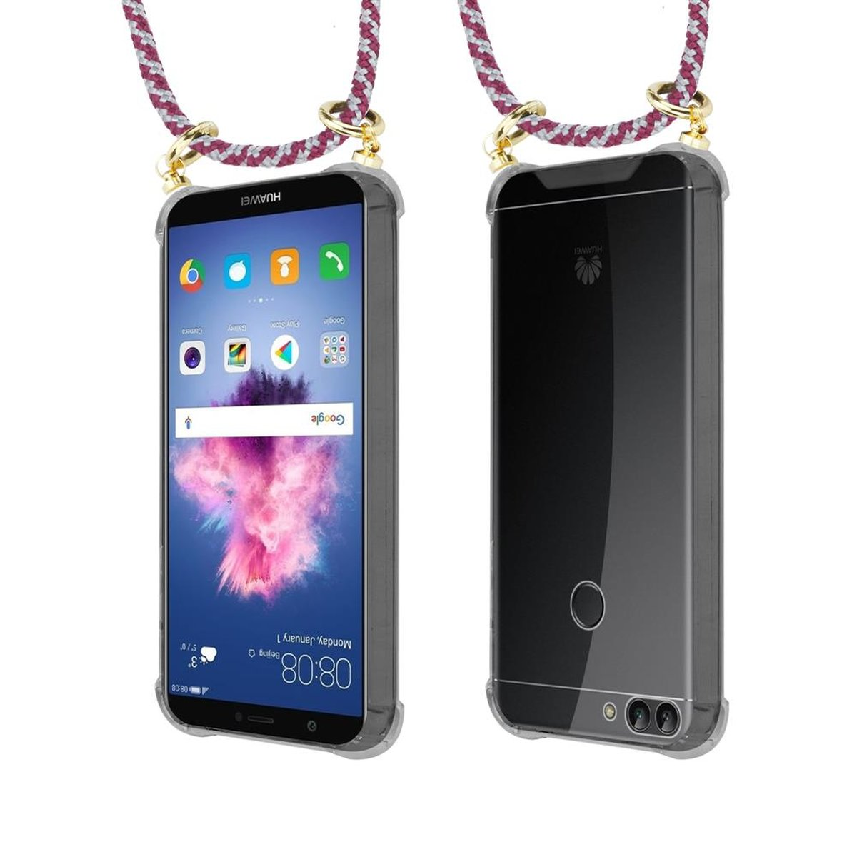 Huawei, WEIß Kordel Enjoy Backcover, CADORABO / ROT SMART Hülle, Band 7S, 2018 mit Ringen, abnehmbarer Handy Kette Gold und P