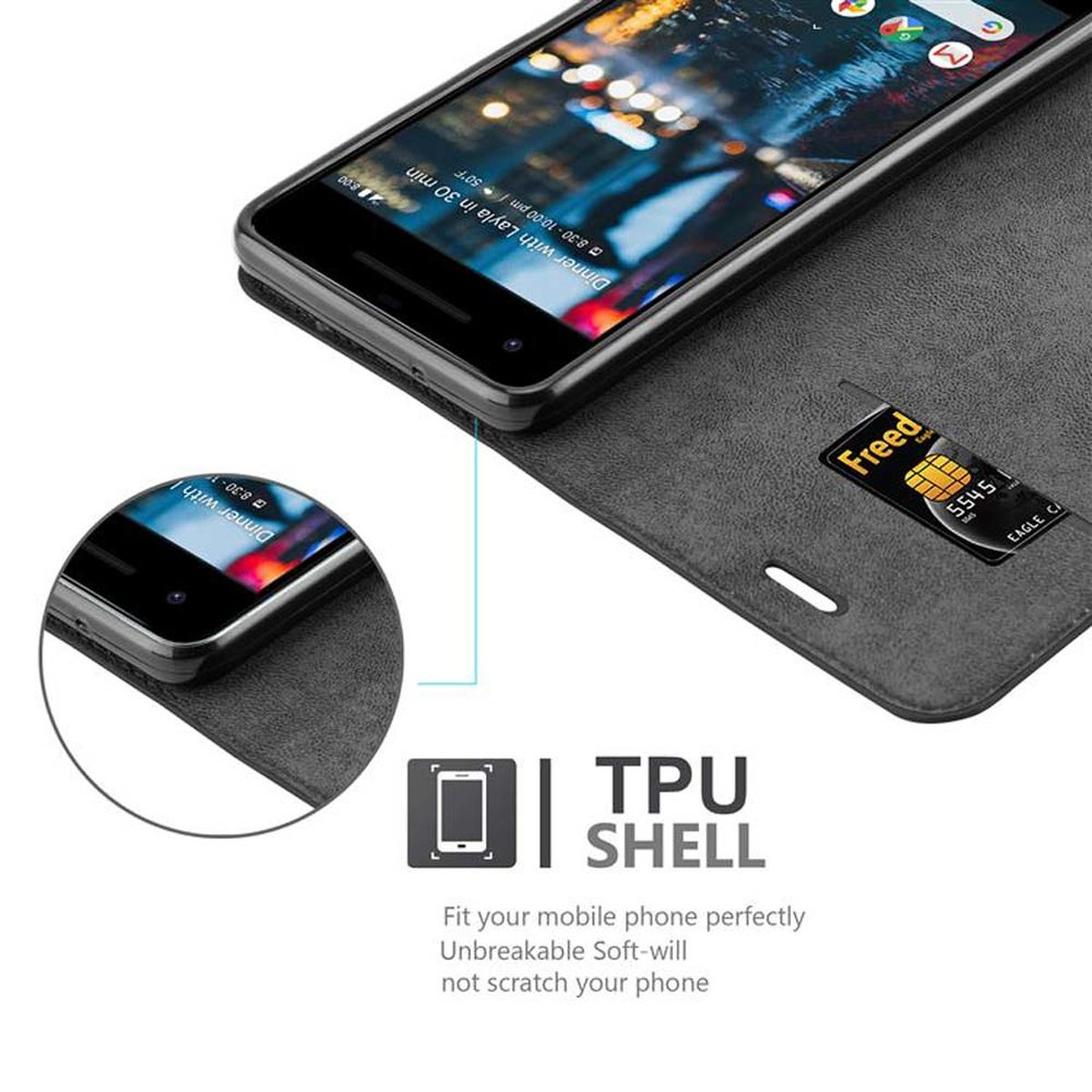 Telefon in einer dunkelgrauen Hülle, Kreditkarte sichtbar. Ein weiteres Telefon zeigt einen Startbildschirm.