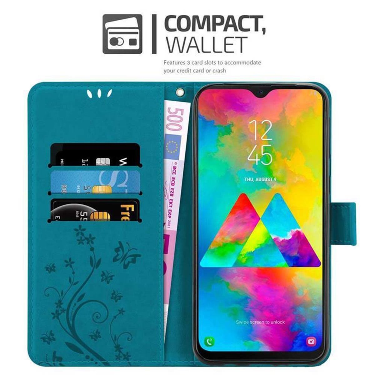 Custodia teal, aperta, con carte e denaro visibili. Schermo del telefono che mostra le app. Sfondo bianco.