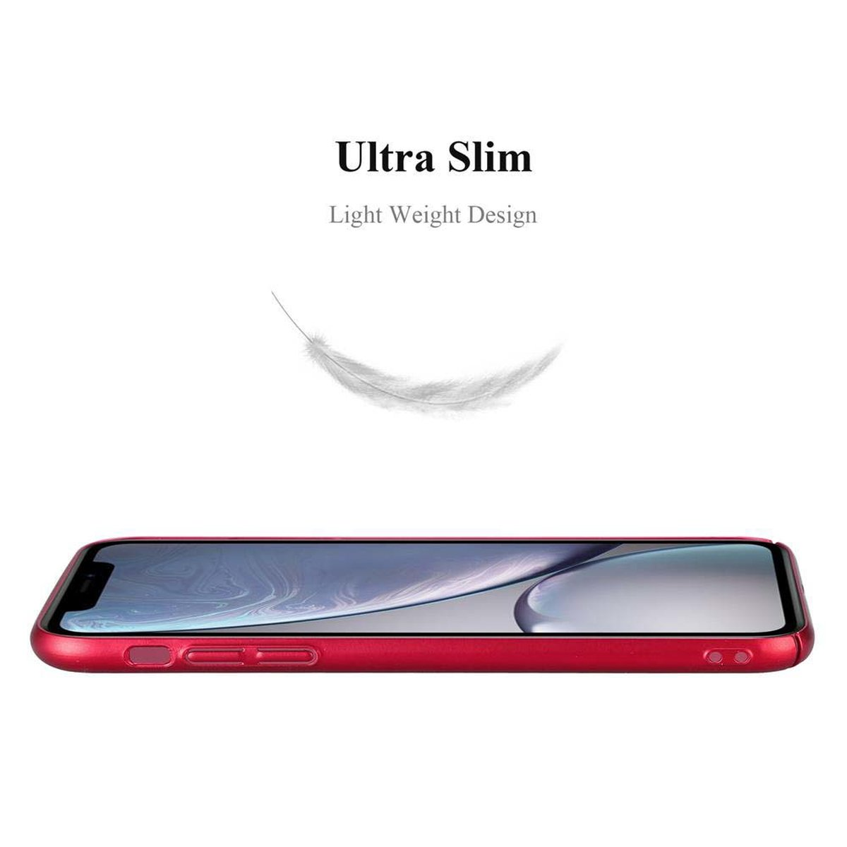 Custodia rossa con telefono. Grafica piuma e testo 'Ultra Slim Light Weight Design'.