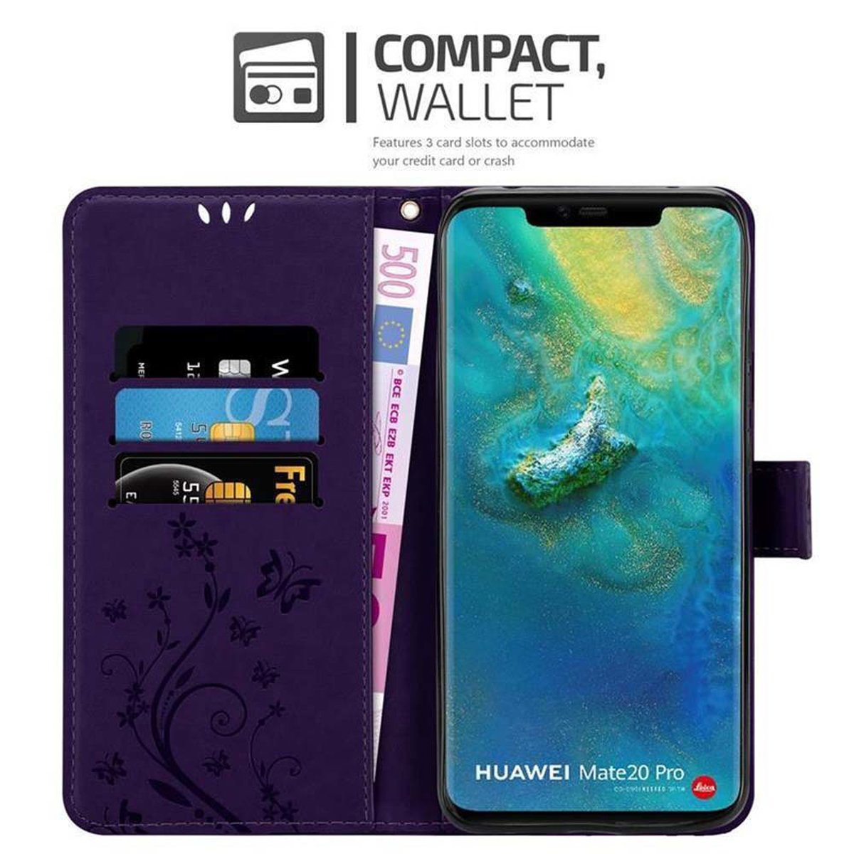 Custodia a portafoglio viola con fessure per carte, denaro e un telefono.