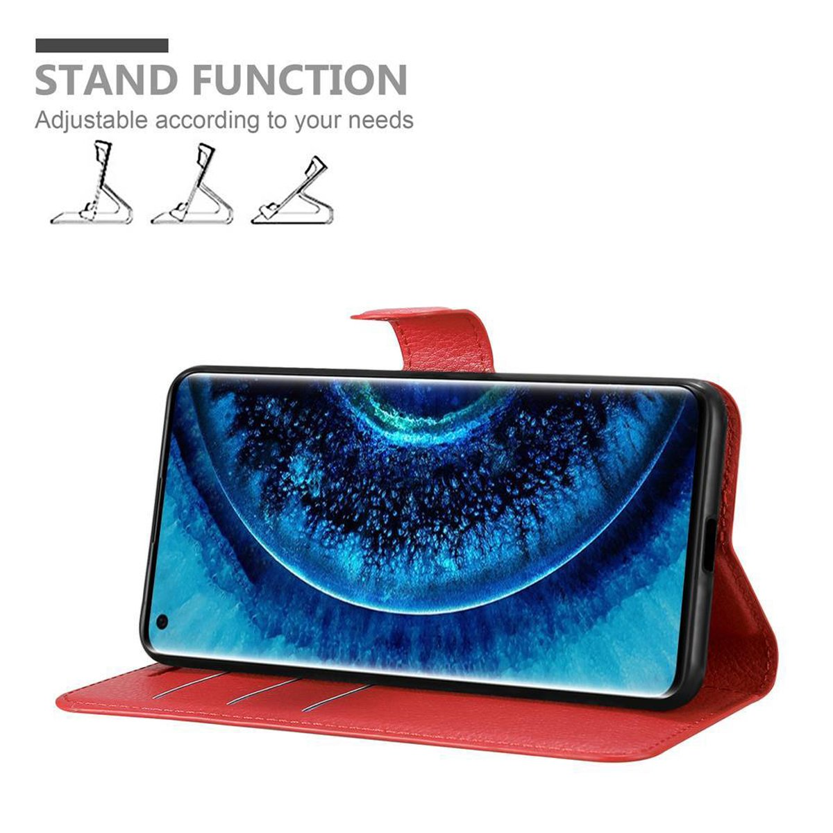Custodia rossa con telefono, scena naturale e funzione supporto.