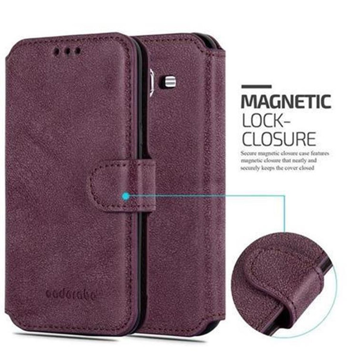 Funda de teléfono morada, cerrada y abierta, con descripción de cierre magnético.