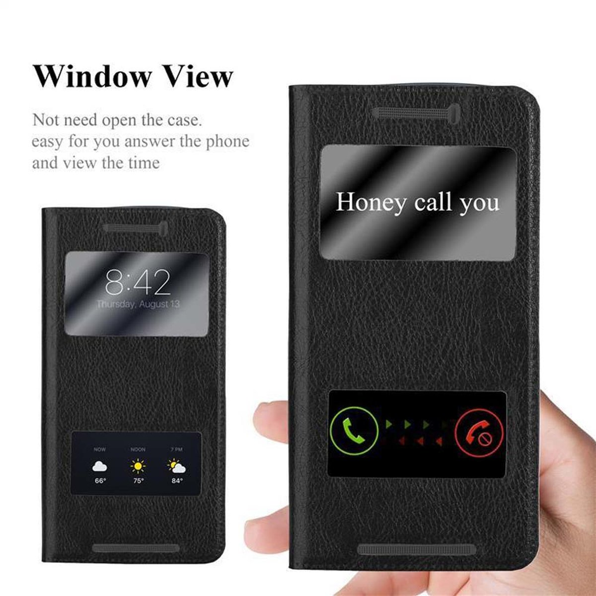 Una funda de teléfono con ventana que muestra la hora y una pantalla de llamada con opciones.