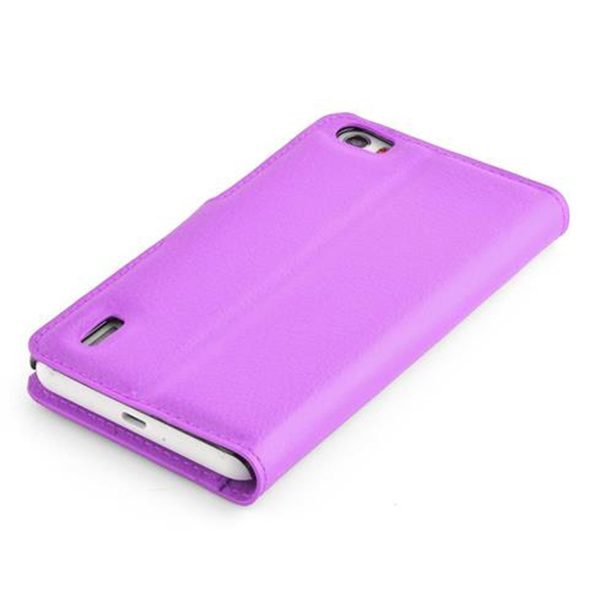 Custodia per telefono viola, aperta, su una superficie bianca. Il telefono non è visibile. Vista angolata.