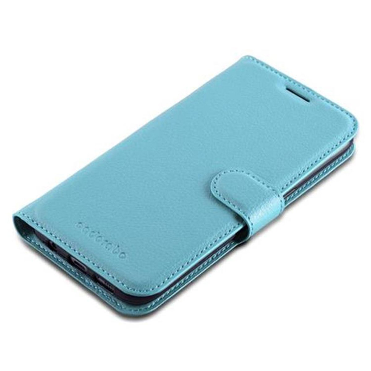 Custodia per telefono azzurra chiusa, che mostra il pulsante. La custodia ha un bordo cucito.