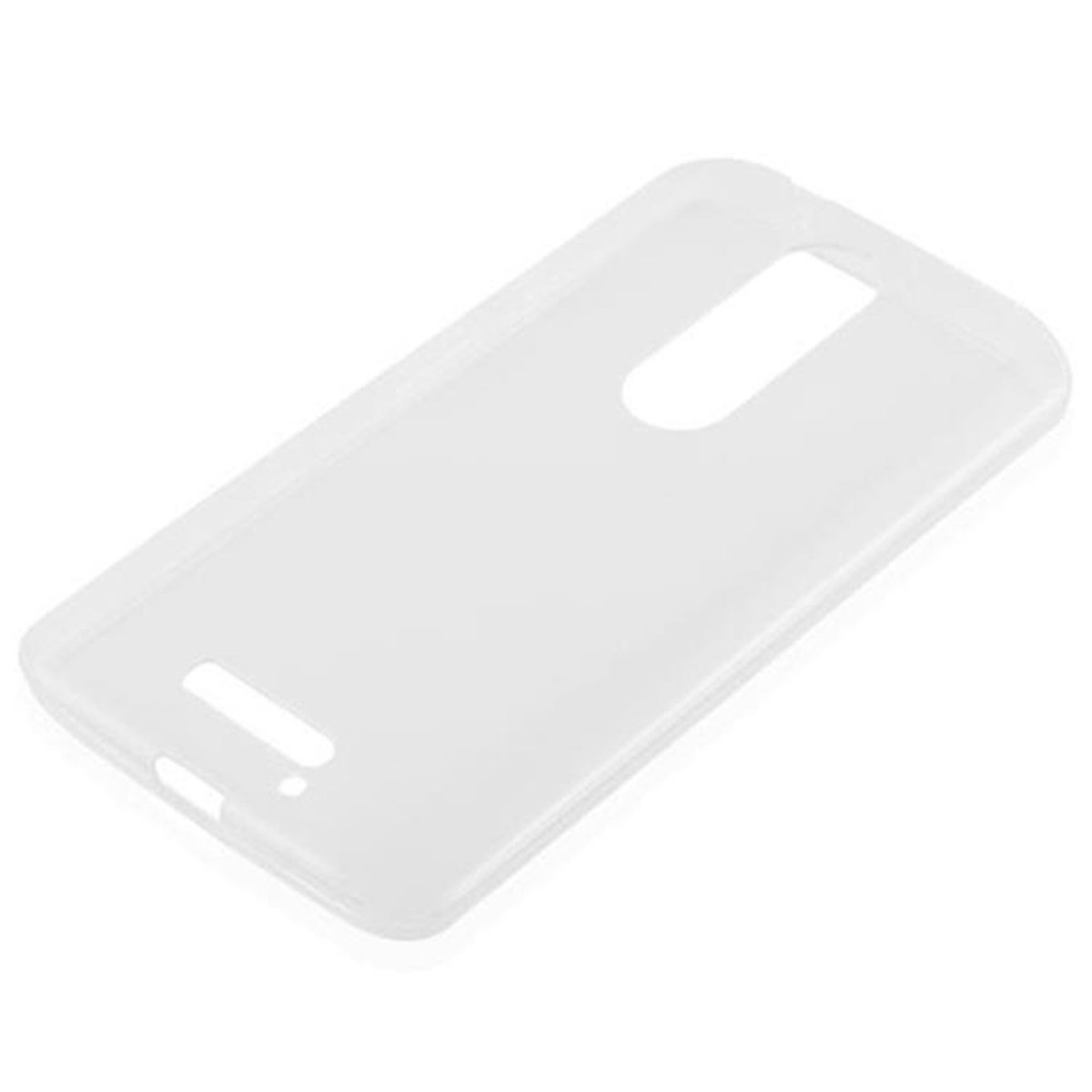 Una funda transparente y blanca para teléfono con recortes para cámara y botones. La funda está en blanco.