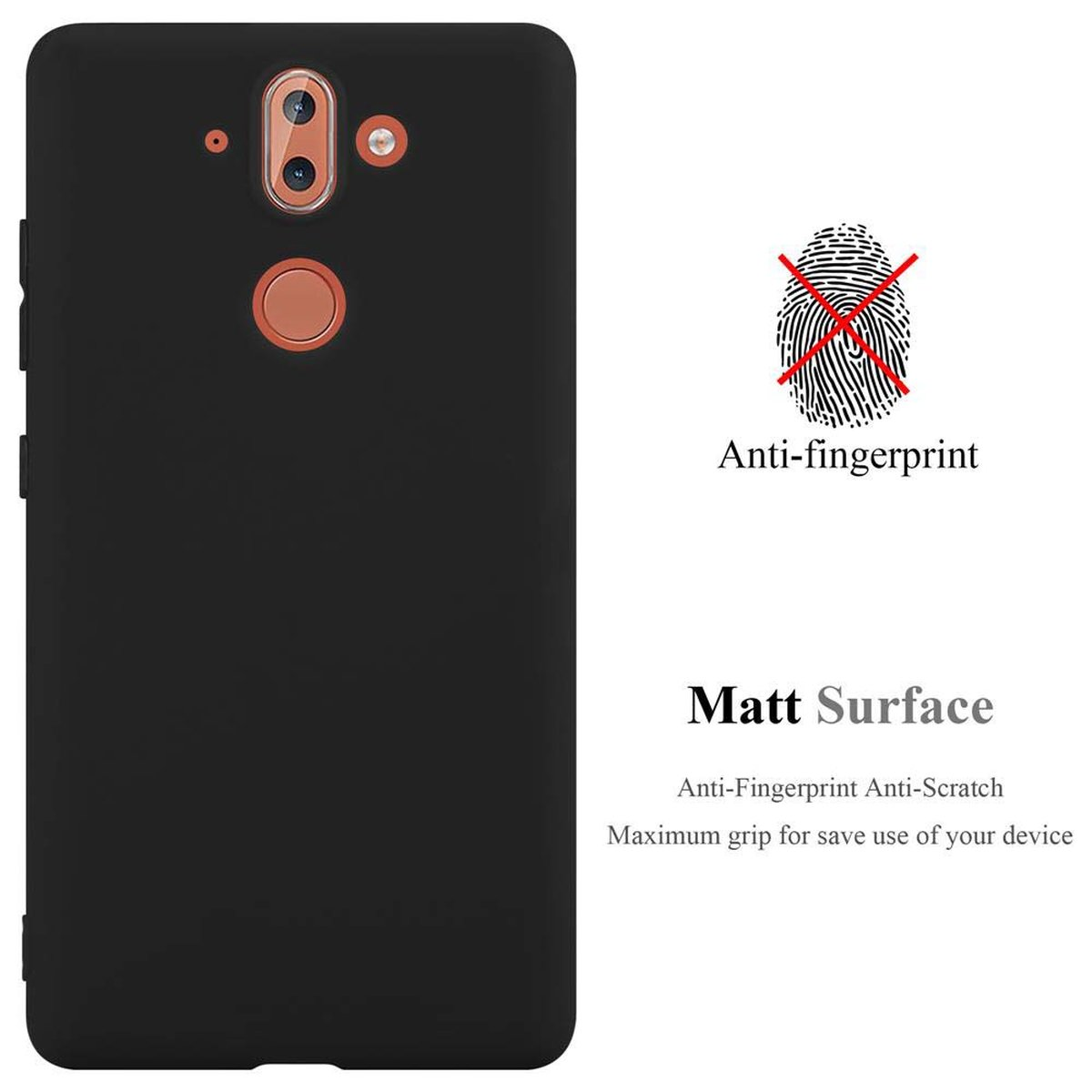 Eine schwarze Handyhülle mit Anti-Fingerabdruck und matter Oberfläche, mit Textbeschreibung.