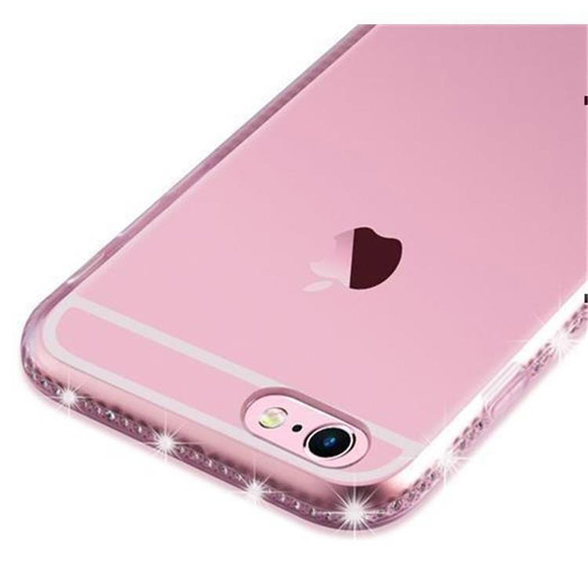 Rosa Handyhülle mit Glitzer am Rand. Apple-Logo auf der Rückseite. Weißer Hintergrund.