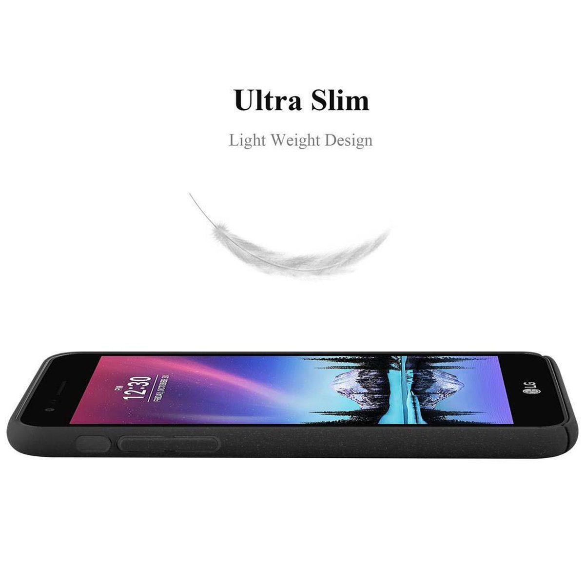 Una custodia per telefono nera con il telefono all'interno. Il testo in alto dice 'Ultra Slim'.