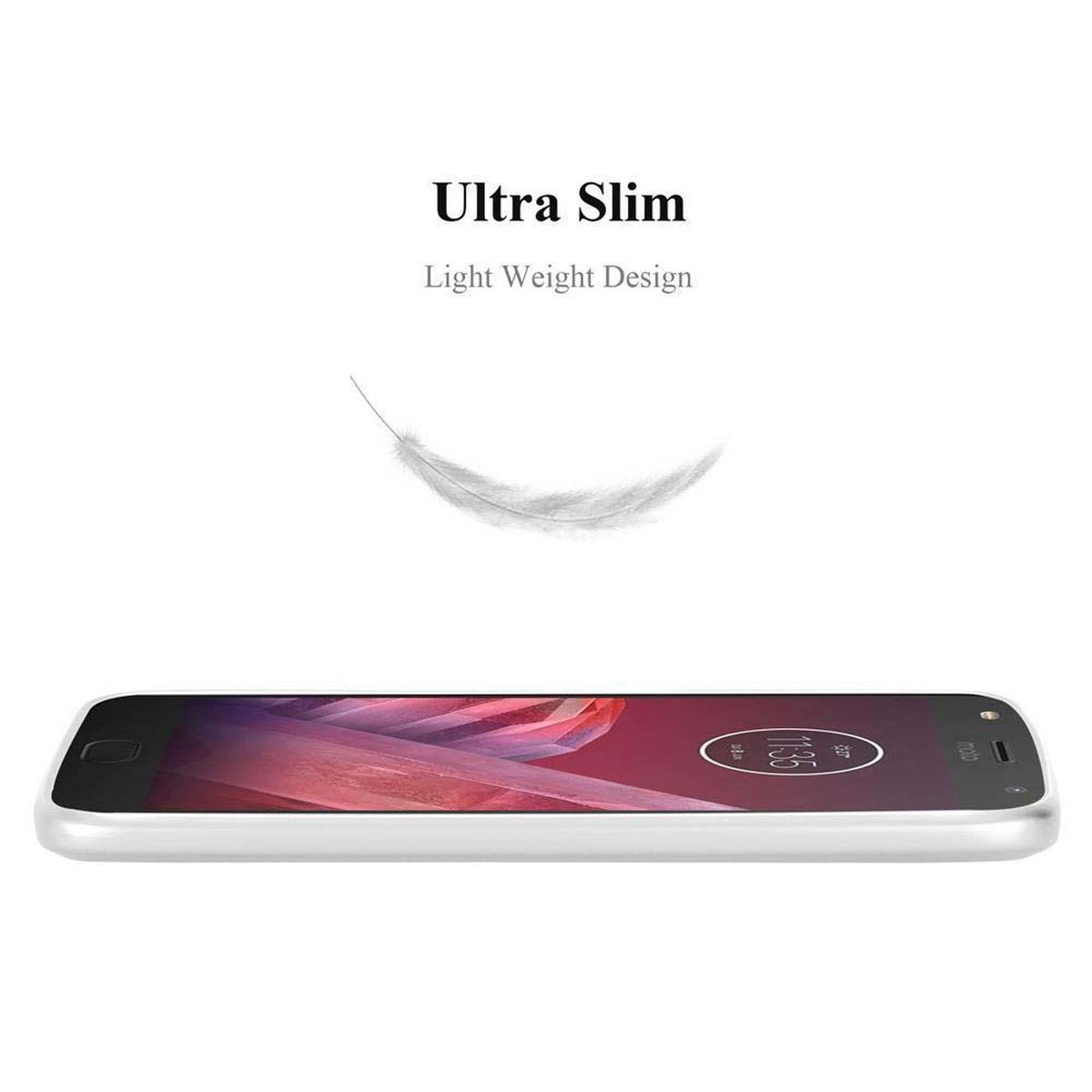 Un telefono piatto con una piuma sopra. Il telefono è bianco. Il contesto menziona un design leggero.