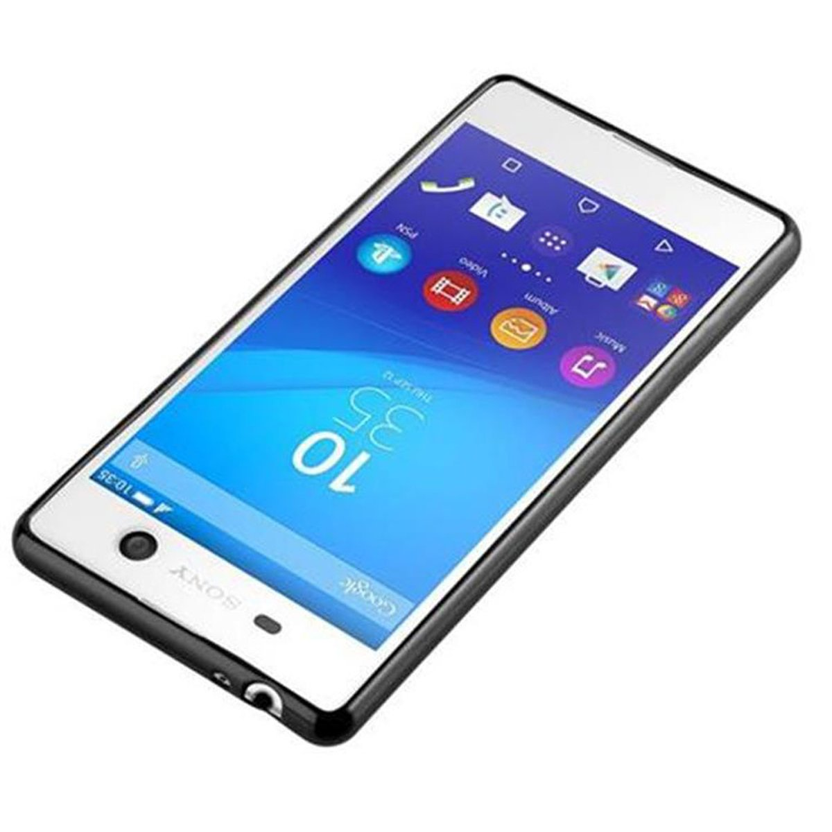 Un telefono Sony bianco e nero. Lo schermo mostra icone e l'ora. Il telefono è inclinato.