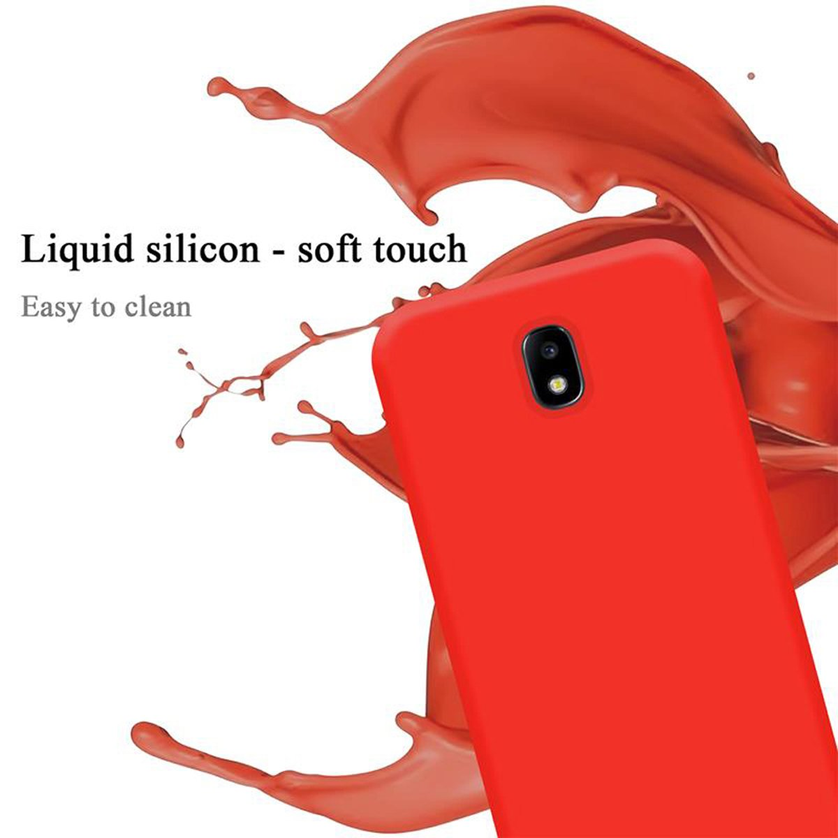 Custodia rossa per telefono con schizzo rosso, il telefono è nella custodia ed è visibile. Dice 'Silicone liquido'.