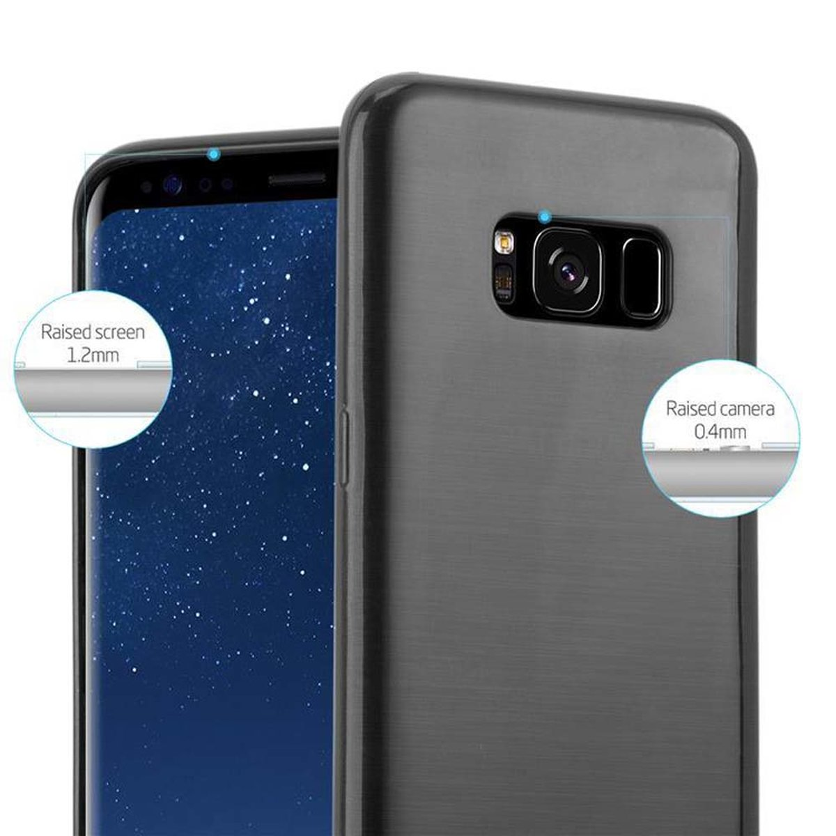 Telefon mit Hülle. Ansicht zeigt erhöhten Bildschirm und Kamera, mit Maßangaben.