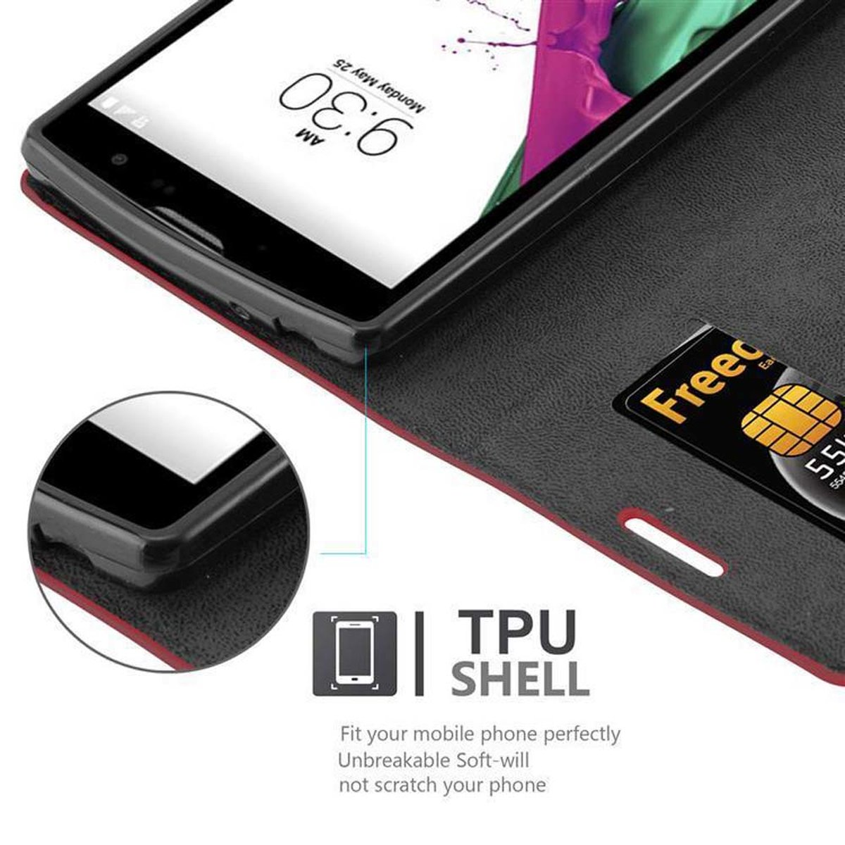 Un teléfono en una funda con una carcasa de TPU. El teléfono es negro con una pantalla digital, y una tarjeta de crédito está dentro.