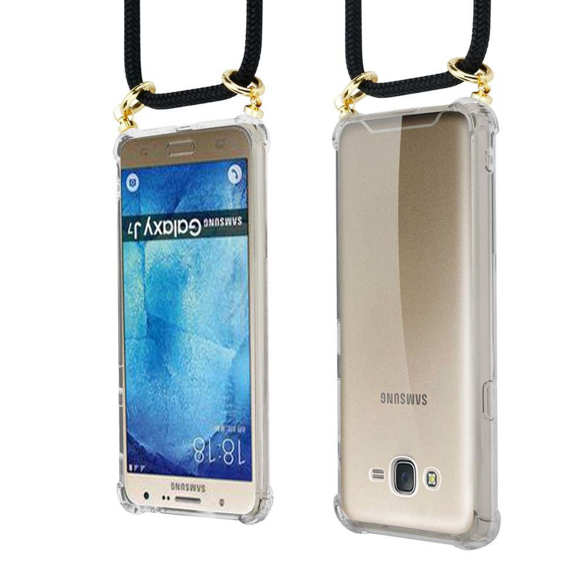 Kette Backcover, Samsung, 2015, mit Gold Ringen, abnehmbarer SCHWARZ Hülle, Galaxy Handy J7 CADORABO Band und Kordel