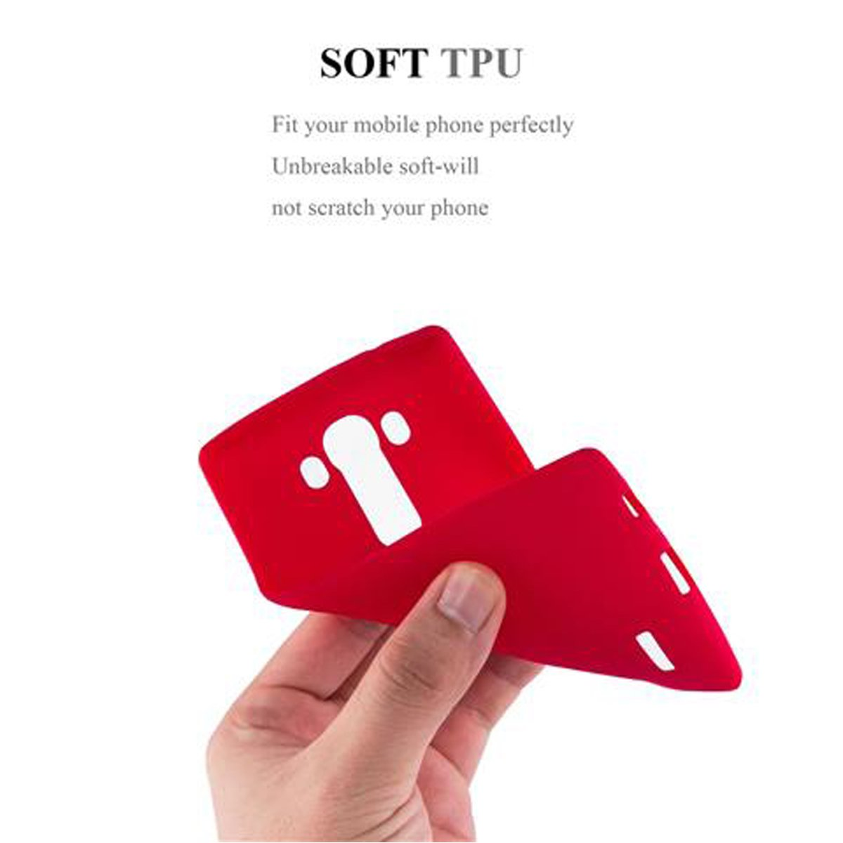 Mano sosteniendo una funda roja con recortes, texto dice 'SOFT TPU'.