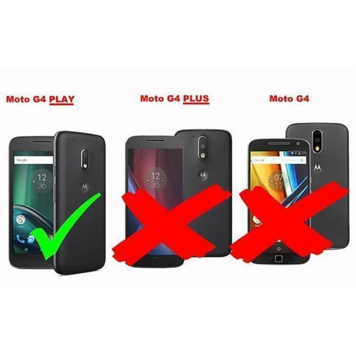 Se muestran tres teléfonos, siendo el Moto G4 PLAY el único compatible, indicado por una marca de verificación.