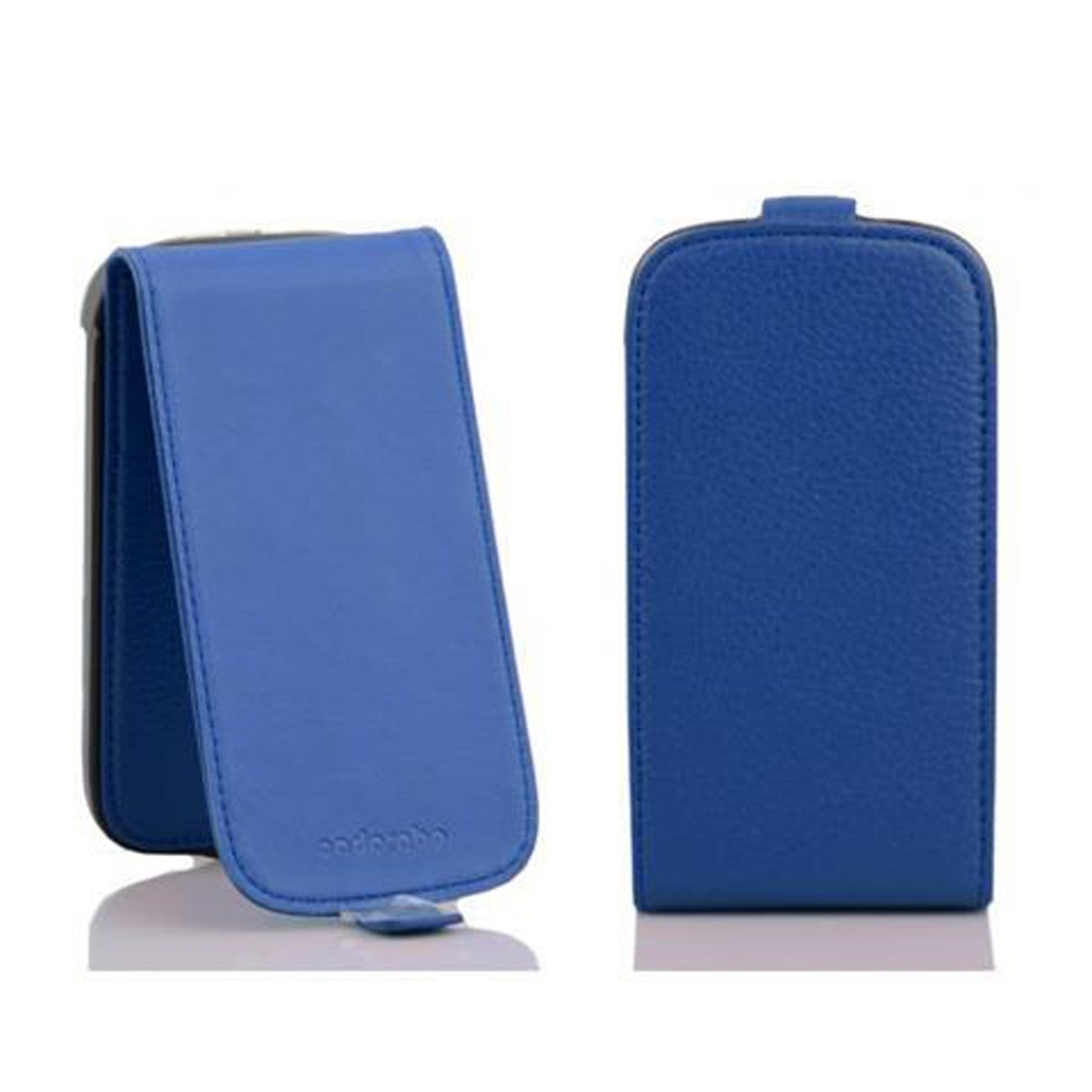 Dos fundas azules para teléfono, una cerrada y otra abierta.