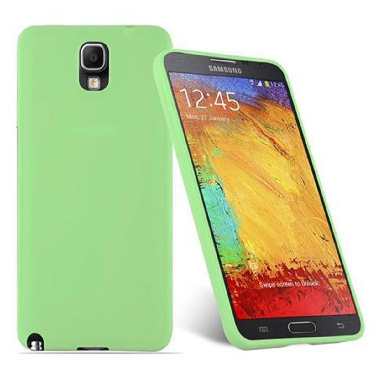 Una funda de teléfono verde junto a un teléfono. La pantalla del teléfono es visible.