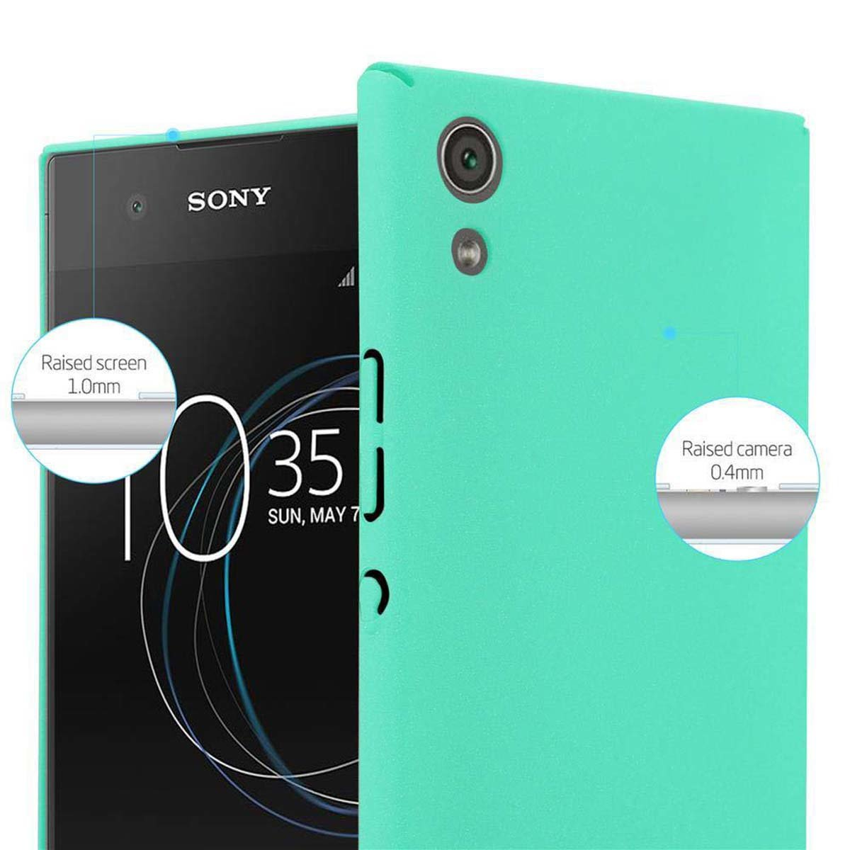 Custodia per telefono verde con un telefono all'interno. Mostra schermo e fotocamera rialzati. Logo SONY sul telefono.