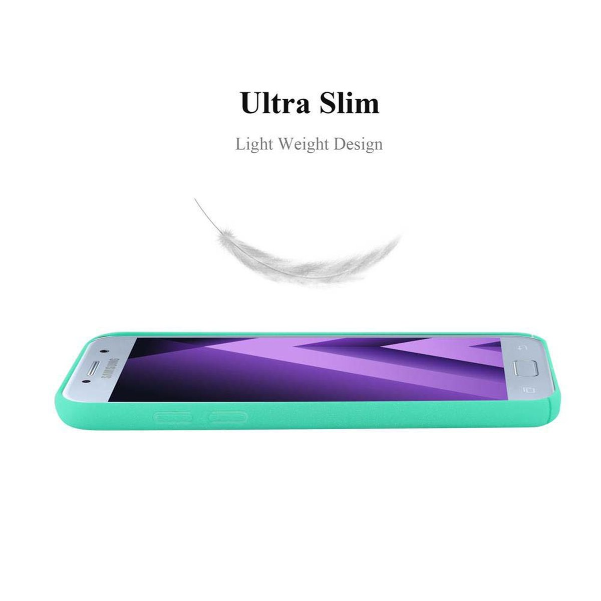 Eine mintgrüne Handyhülle mit einem Telefon darin. Über dem Telefon ist eine Feder. Der Hintergrund ist weiß.