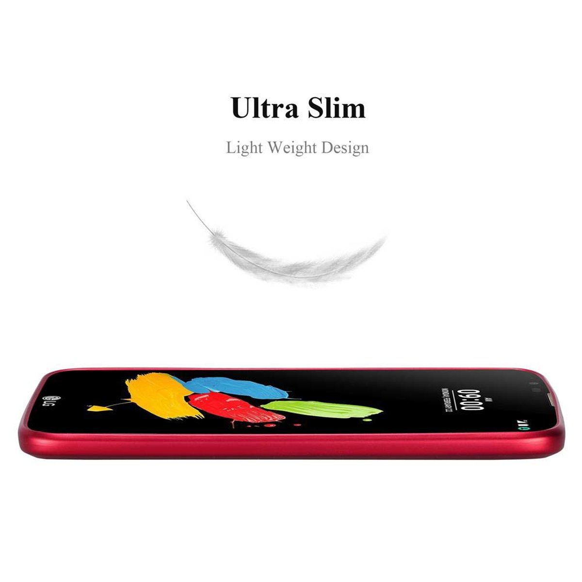 Rotes Telefon liegt mit dem Text "Ultra Slim, Light Weight Design" und einer Feder.