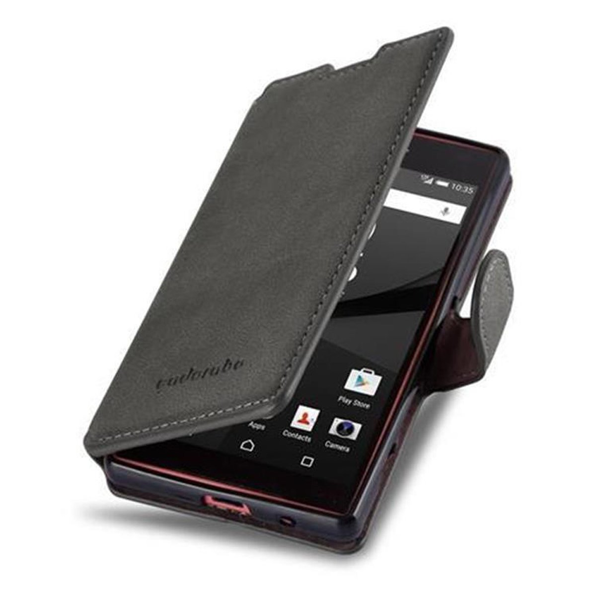 Telefono in una custodia a libro, aperto. La custodia è grigia e il telefono mostra le App.