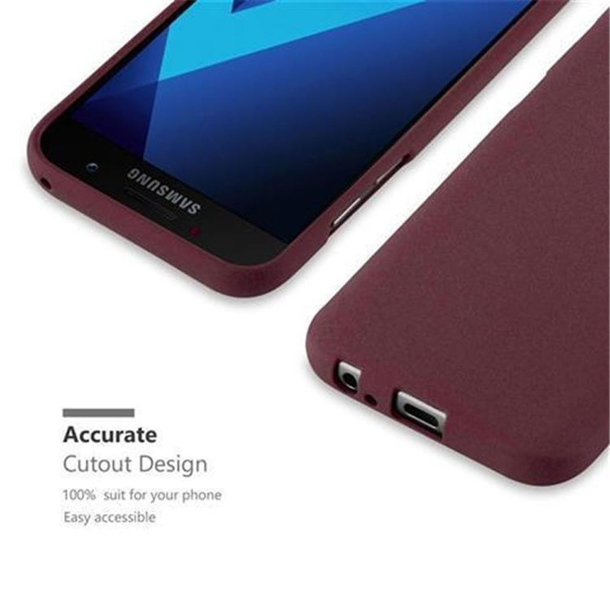 Due custodie per telefono, una con telefono. Custodia bordeaux con testo: Accurate Cutout Design.