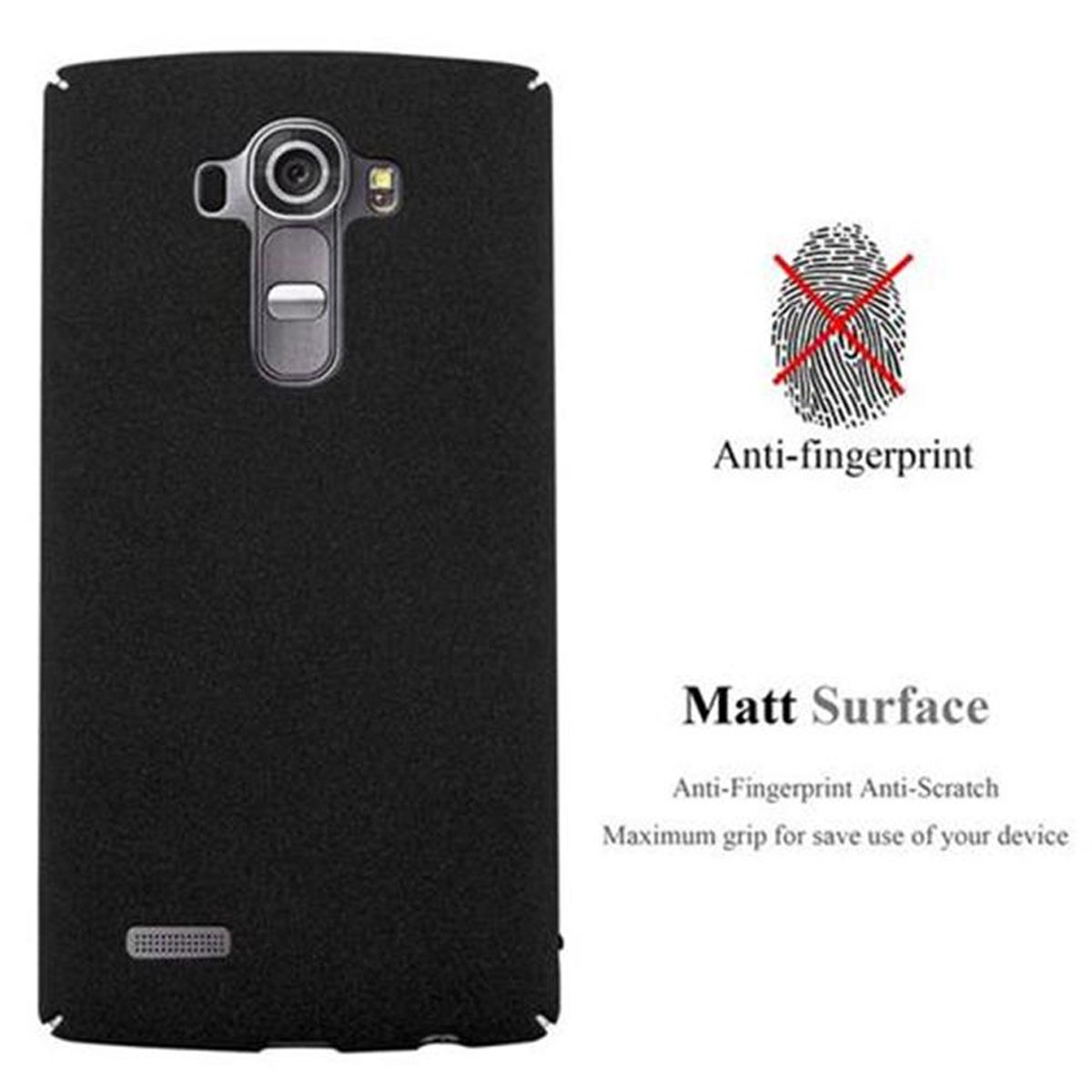 Funda de teléfono negra con parte trasera negra. Se anuncian características antihuellas y superficie mate.