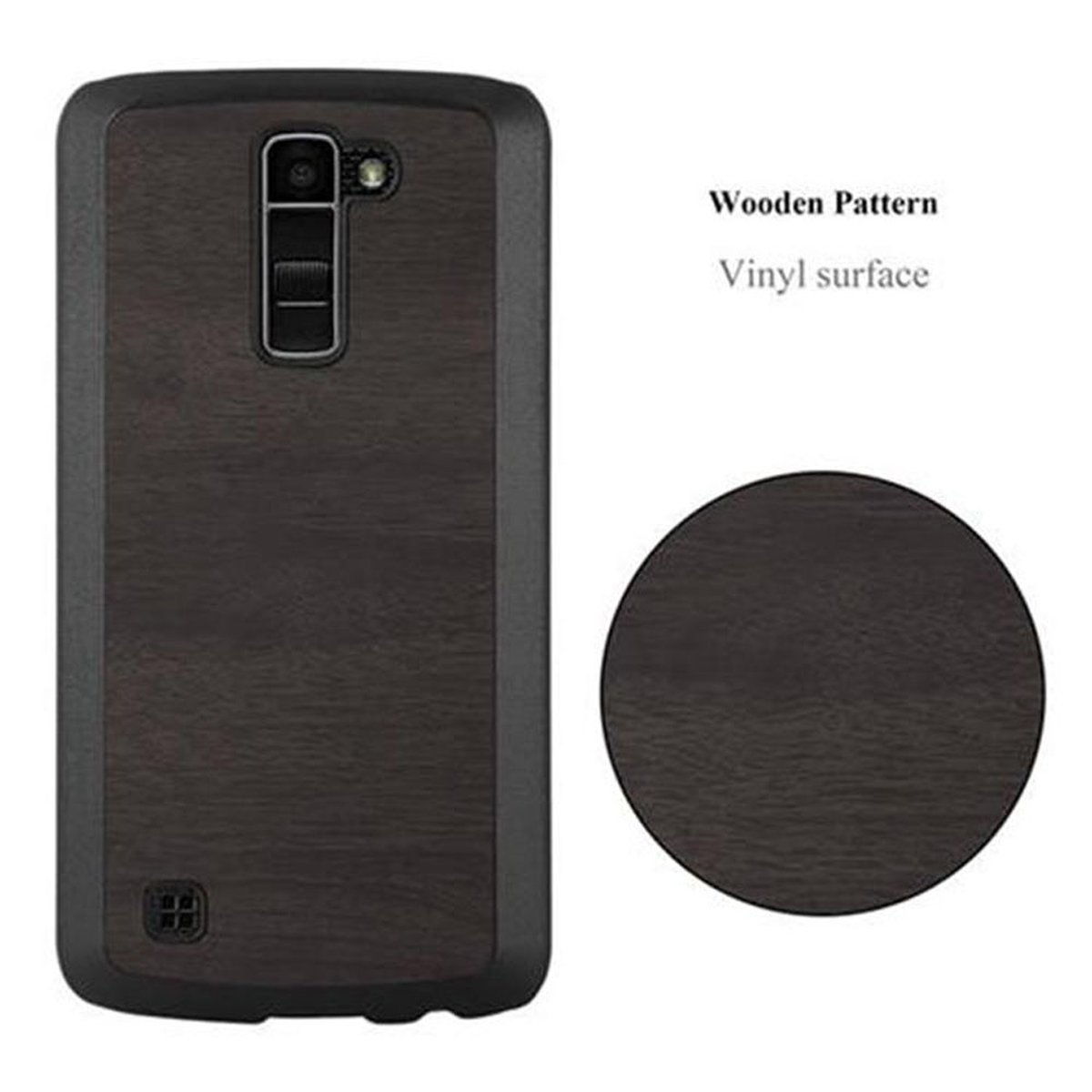 Una custodia per telefono con motivo in legno. La custodia è chiusa. La superficie è in vinile.