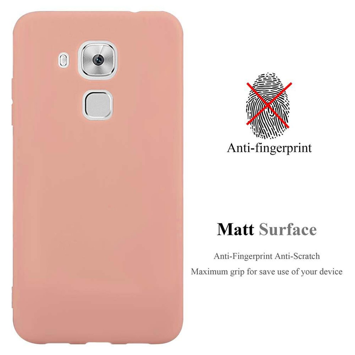 Custodia rosa con telefono, il testo indica anti-impronte e superficie opaca. È antigraffio.