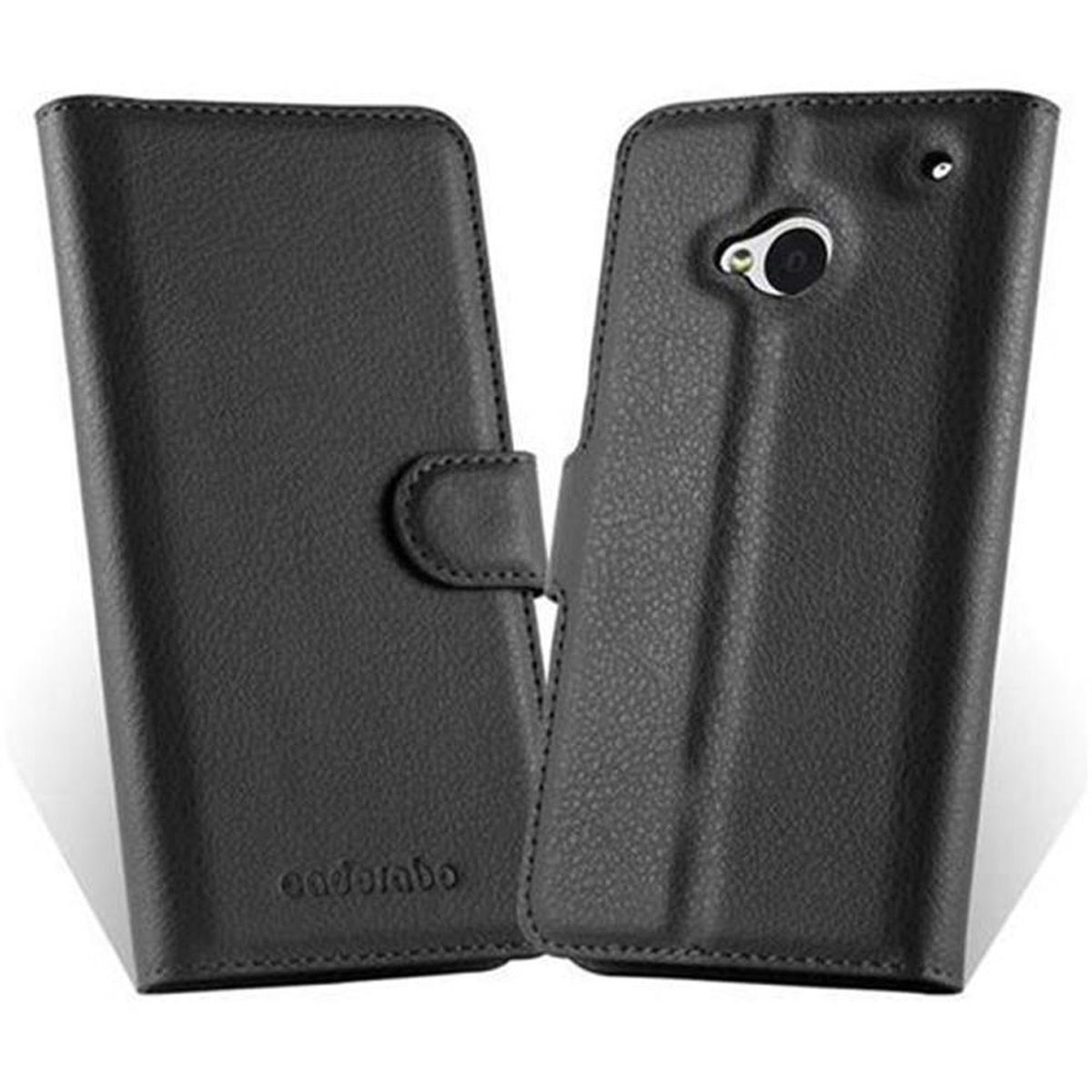 Custodia per telefono in pelle nera, aperta. La custodia ha una chiusura magnetica. Il telefono non è all'interno della custodia.