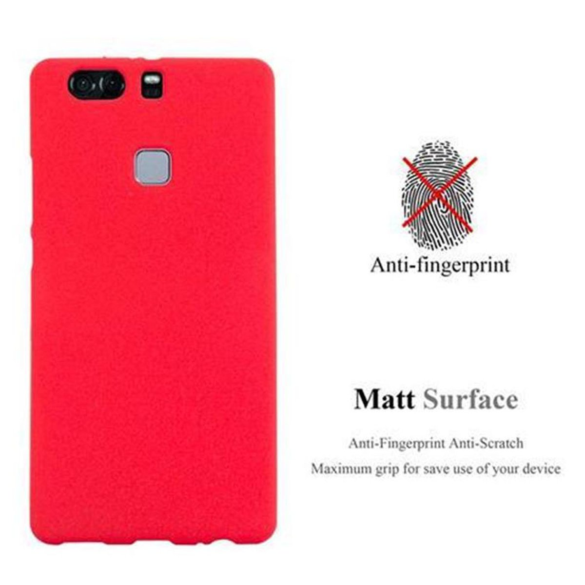 Custodia per telefono rossa con testo anti-impronte e simbolo di impronta digitale barrato.