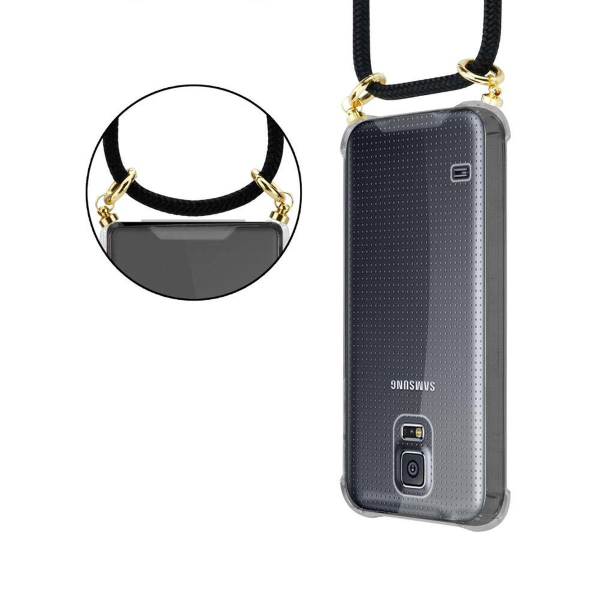 CADORABO Handy Kette mit Gold Ringen, Backcover, Band / S5 SCHWARZ Galaxy und Kordel Hülle, NEO, Samsung, abnehmbarer S5