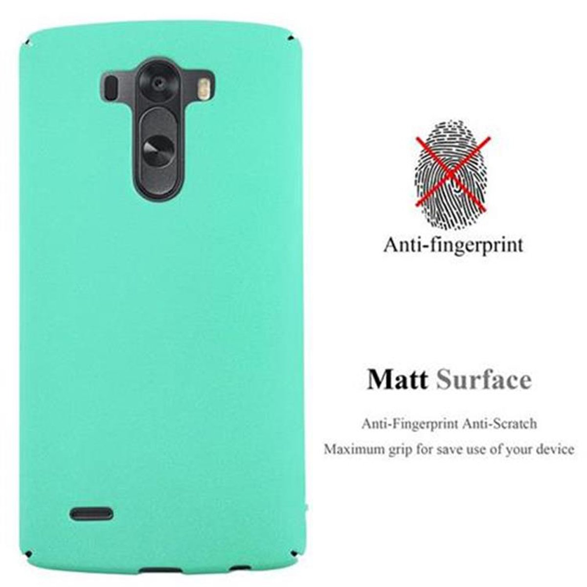 Eine türkisblaue Handyhülle, die Rückseite nach oben. Der Text lautet: Matt Surface, Anti-Fingerprint, Anti-Scratch. Ein Fingerabdrucksymbol.