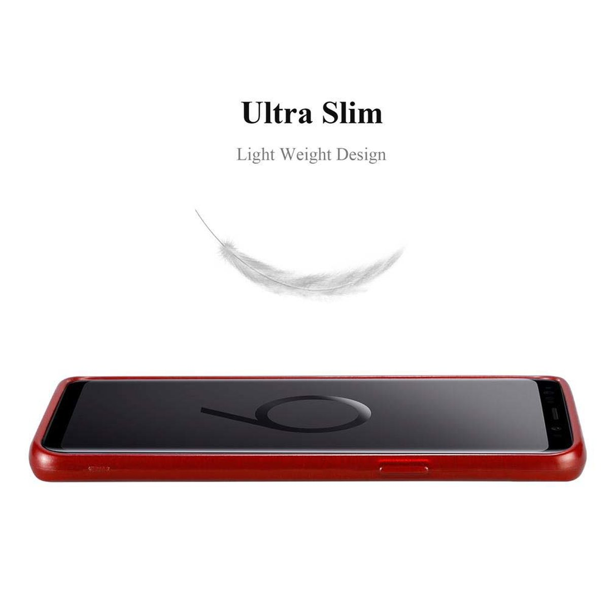 Custodia per telefono rossa, con telefono nero all'interno. Testo: Ultra sottile, design leggero.