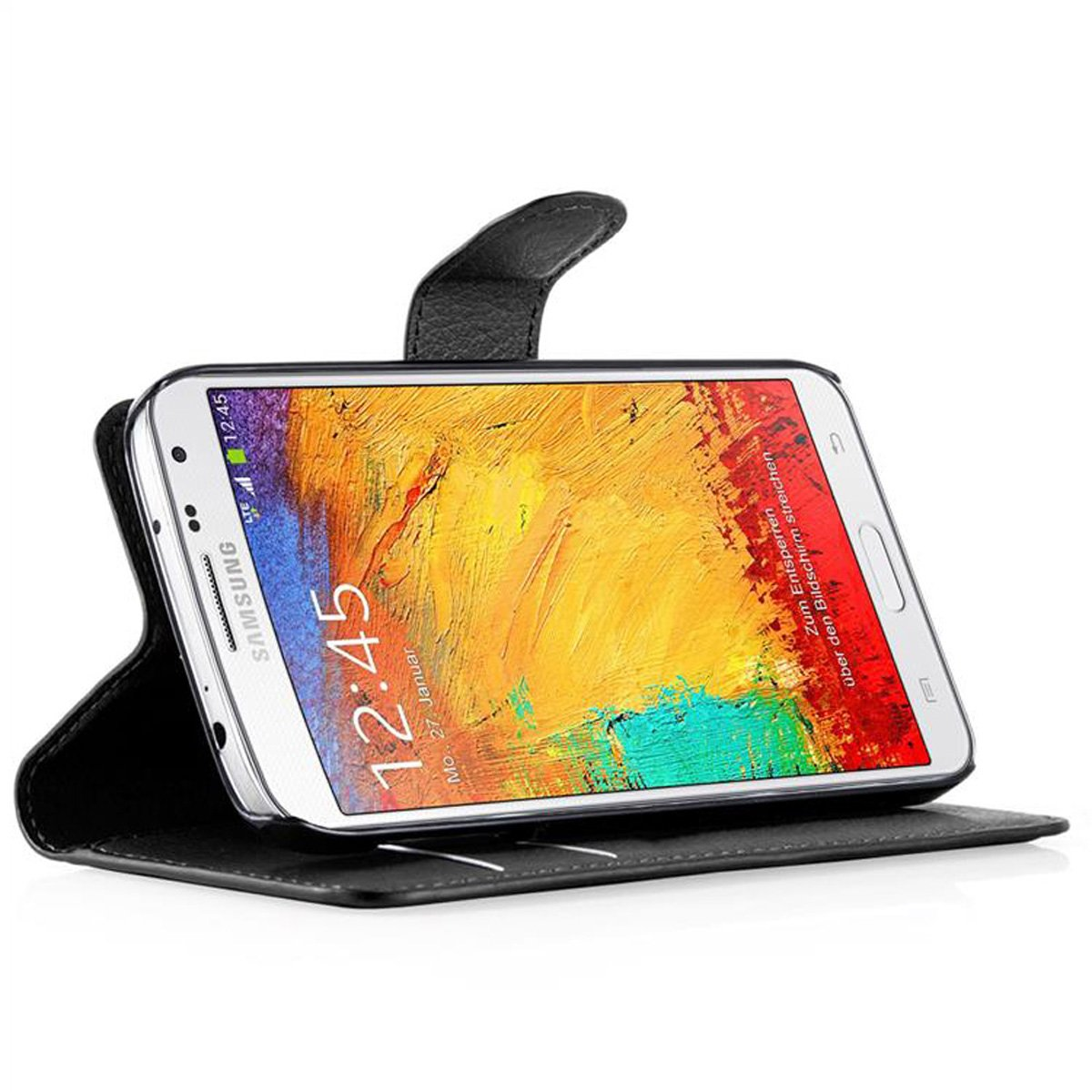 Schwarze Handyhülle mit Telefon darin, geöffnet mit der Anzeige der Uhrzeit auf dem Bildschirm.