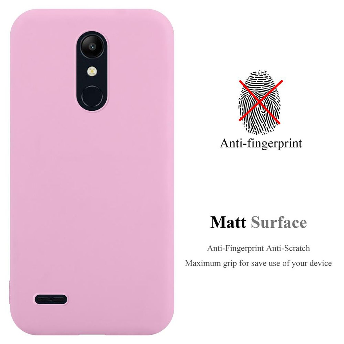 Custodia rosa per telefono con testo anti-impronte. Design con superficie opaca.