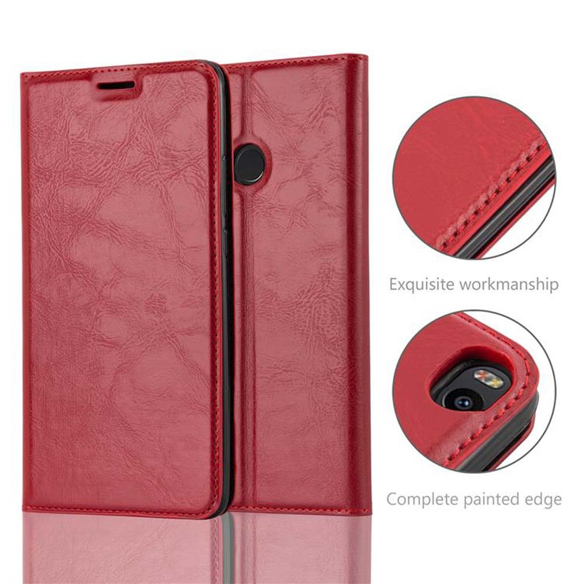 Custodia per telefono rossa, chiusa e aperta, con primi piani dei dettagli artigianali.