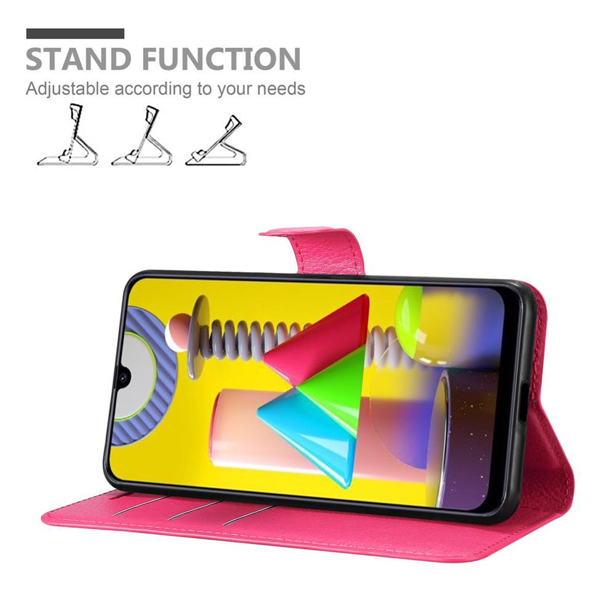 Una custodia per telefono rosa con il telefono aperto, che mostra uno schermo colorato. La custodia ha una funzione di supporto.