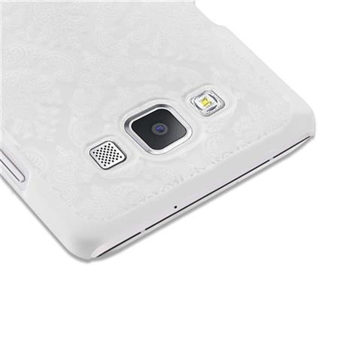 Primo piano di una custodia bianca per telefono con motivo floreale. La custodia copre il retro del telefono.