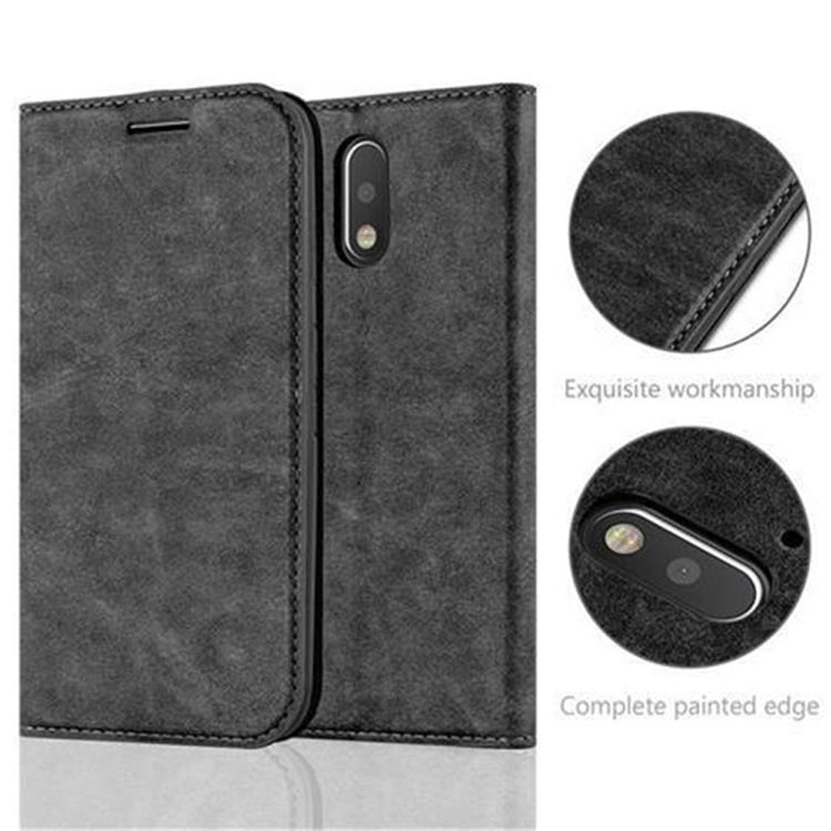 Funda de teléfono gris oscuro, abierta, con detalles. Se destacan las costuras y el acabado del borde.